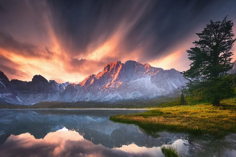 Prompt: landscape photography by marc adamus, mountains, a lake, dramatic lighting, mountains, a tree in the foreground