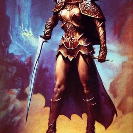 Prompt: necromancer female human knight in heroic pose,dnd, mtg,real photo by Frank Frazetta