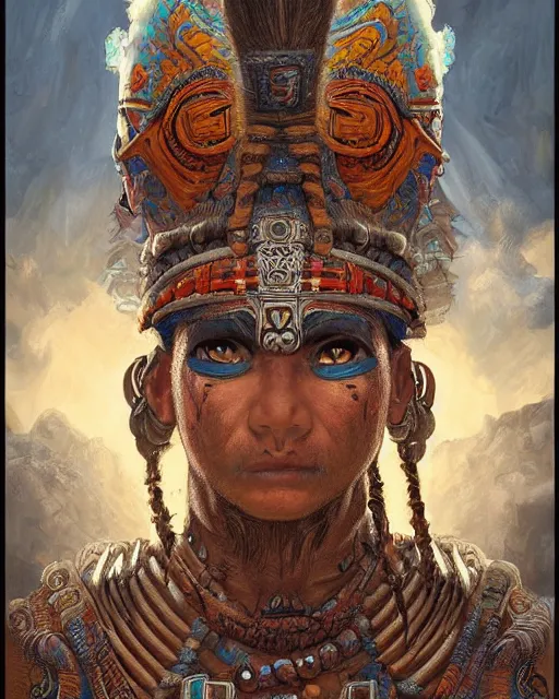 Prompt: digital painting of a mayan warrior by filipe pagliuso and justin gerard, symmetric, fantasy, detailed, intricate, portrait, sharp focus, tarot card