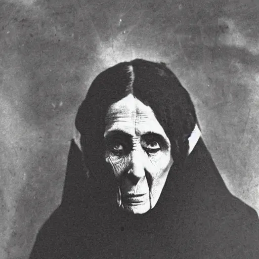 Prompt: black and white grainy newspaper photo from 1898 of an old scary woman in black suit, horror, high detail