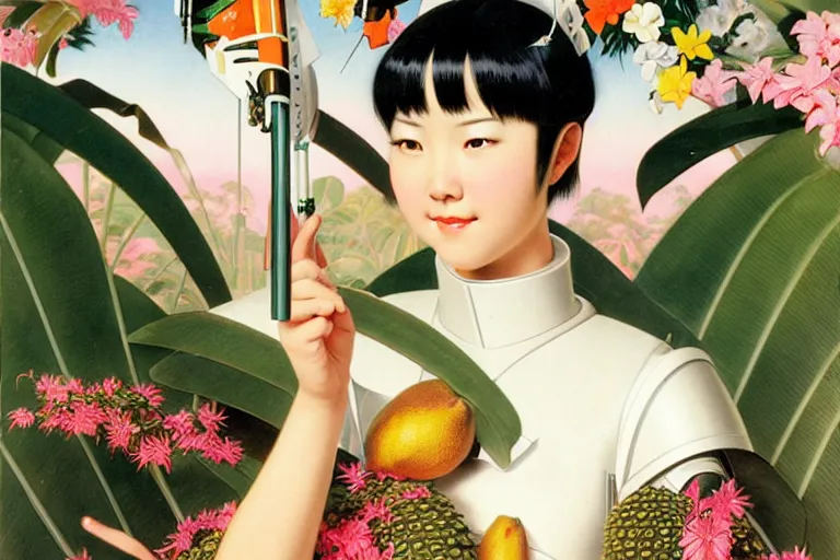 Image similar to a portrait of double eyelids asian female with short black hair dressed with a robot knight plastic white armor dress from evangelion, sit in a throne surrounded by garlands of tropical fruits and flowers, masterpiece painted by jc leyendecker