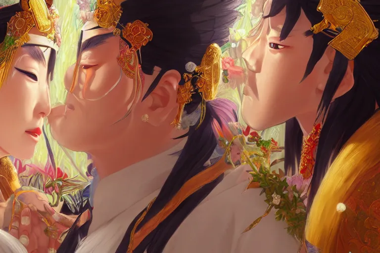 Image similar to close up moment of a divine a japan sun god and a moon goddess lovers magician at a wedding banquet, highly detailed, genshin, fantasy, 4 k realistic, digital painting, trending on artstation, concept art, sharp focus, illustration, art by makoto shinkai and akihiko yoshida and daniel gerhartz