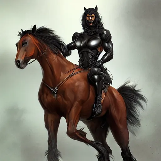 Prompt: an enormously muscular black - coated anthro horse at a research facility wearing skintight body armor, long mane, highly detailed, digital painting, artstation, illustration, art by artgerm, greg rutkowski, wlop