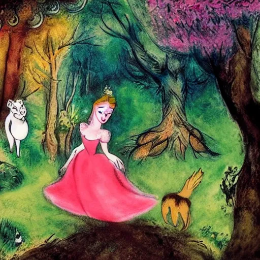 Image similar to A detailed mixed media art of Princess Aurora singing in the woods while animals look on. The colors are light and airy, with a hint of mystery in the shadows. The overall effect is dreamlike and fairy-tale like. by Walt Disney, by Marc Chagall