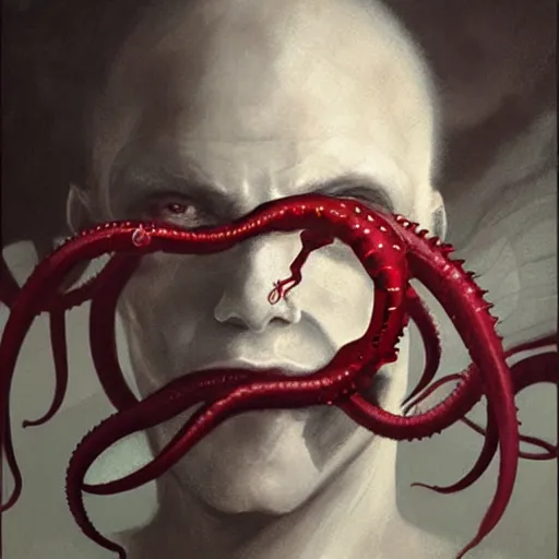 Prompt: painting by greg rutkowski of a flying human head and face that is chalk white in color, with tentacles coming of the neck, red eyes, flying in a terrying hell like cavernous place