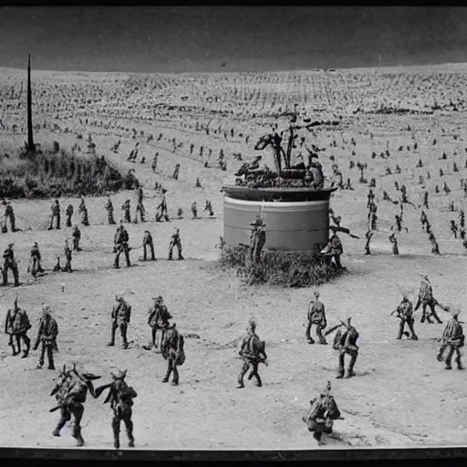 Image similar to martian invasion, world war 1, black and white photograph