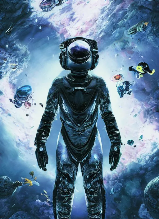 Image similar to astronauts in dark void underwater - complex and hyperdetailed technical suit. reflection and dispersion materials. rays and dispersion of light. volumetric light. f / 3 2. noise film photo. flash photography. ultra realistic, wide angle. poster by wayne barlowe, hajime sorayama aaron horkey, craig mullins