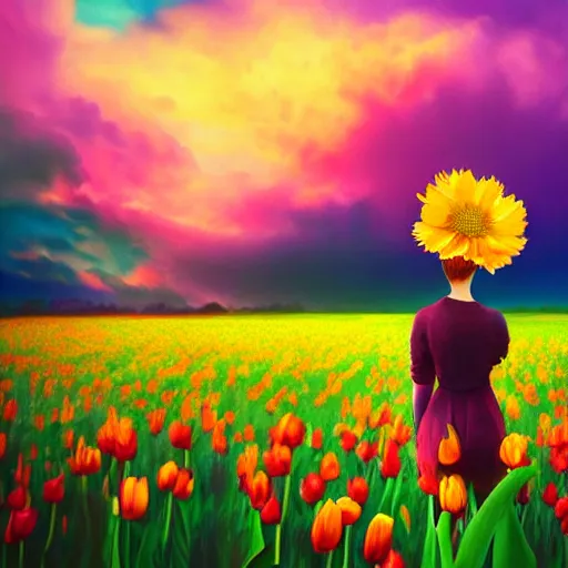 Image similar to large tulip in front of face, girl standing in a flower field, surreal photography, sunrise dramatic light, impressionist painting, colorful clouds, digital painting, artstation, simon stalenhag, flower face