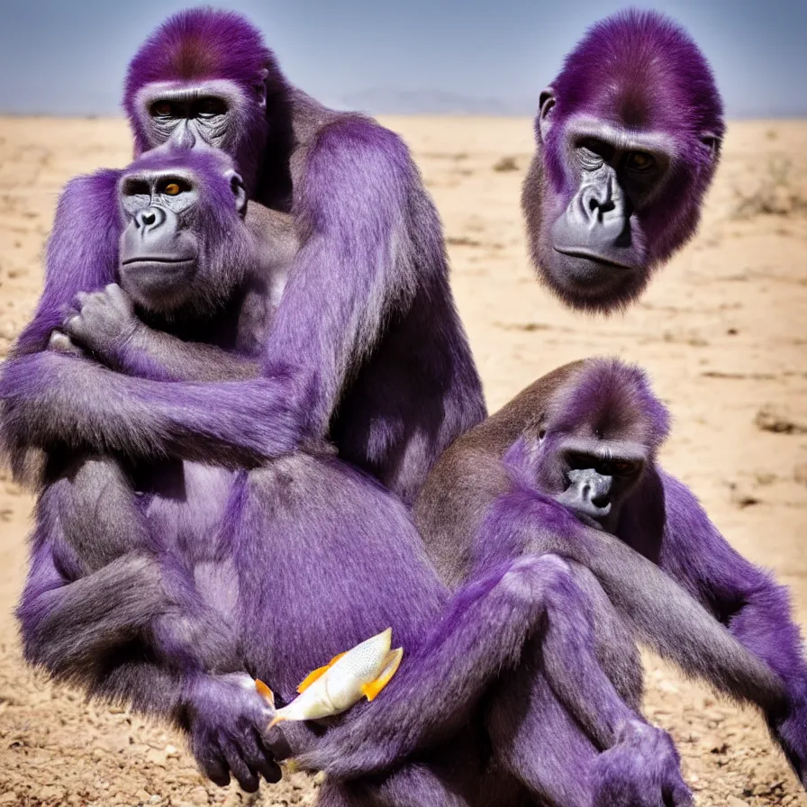 Image similar to photo of a purple gorilla hugging a generic fish in the desert