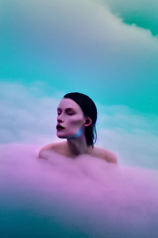 Image similar to high quality pastel coloured film close up wide angle photograph of a model wearing clothing swimming on cloud furniture in a icelandic black rock!! environment in a partially haze filled dreamstate world. three point light, rainbow. photographic production. art directed. pastel colours. volumetric clouds. pastel gradient overlay. waves glitch artefacts. extreme facial clarity. 8 k. filmic.