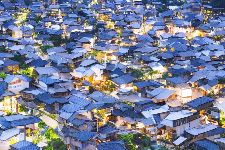 Prompt: a futuristic cozy Japanese village at night with bustling people, visually stunning photograph