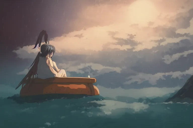 Image similar to anime woman sleeping on a raft, misty, night time, storm in distance, wide angle, by studio ghibli, yuumei, anime, hazy, foggy, ambient lighting, cottagecore,