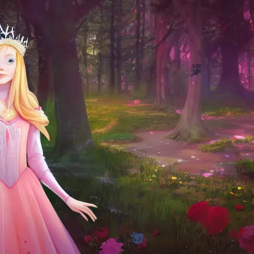 Image similar to portrait of elle fanning as princess aurora, wearing a flower crown, mystical forest background, rich vivid colors, ambient lighting, dynamic lighting, 4k, official media, anime key visual, makoto shinkai, ilya kuvshinov, lois van baarle, rossdraws, detailed, trending on artstation