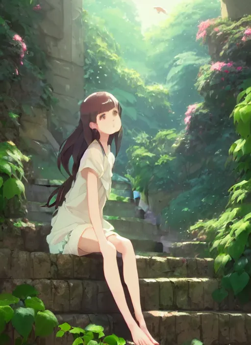 Image similar to girl sitting on a stone stair under a vine rack, many green plant and flower gowing on it, illustration concept art anime key visual trending pixiv fanbox by wlop and greg rutkowski and makoto shinkai and studio ghibli