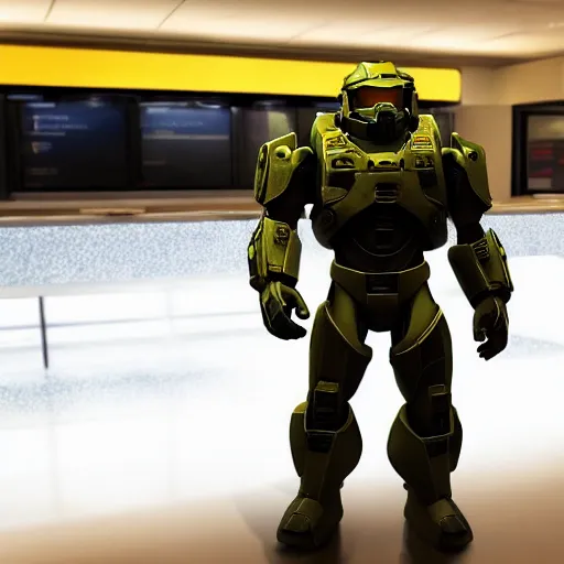 Image similar to Master Chief in Burger King, highly detailed, HD resolution, cinematic lighting,