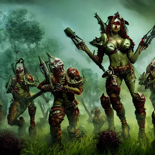 Prompt: squad of beautiful armed zombie girls in army of nurgl warhammer in fantasy forest between a trees fighting monster, dark fantasy, highly detailed, trending on artstation, Unreal Engine 4k, cinematic wallpaper