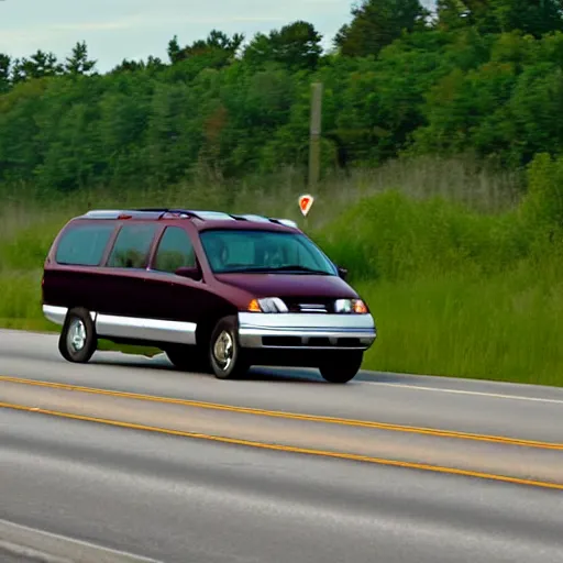 Prompt: A photograph of a 2001 Maroon Chevrolet Caravan driving on highway 411 in Perth, Ontario on a summer night, 10:20 PM, photograph taken in 2009 on a nokia flip phone