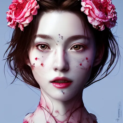 Prompt: the face of an absurdly beautiful, graceful, elegant, sophisticated, sensual mature gravure idol made of strawberries and white pink petals with tears, an ultrafine hyperrealistic photograph by kim jung gi, irakli nadar, intricate linework, bright colors, octopath traveler, final fantasy, unreal engine highly rendered, global illumination, radiant light, intricate environment