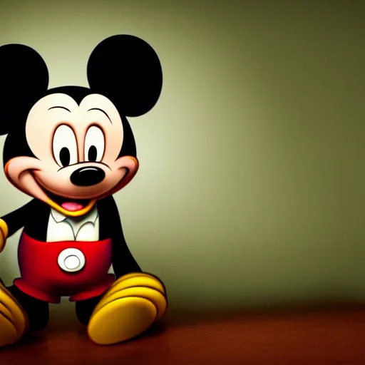 Prompt: studio photography of a psychologically scary Mickey Mouse grinning, backlighting, dark ambient