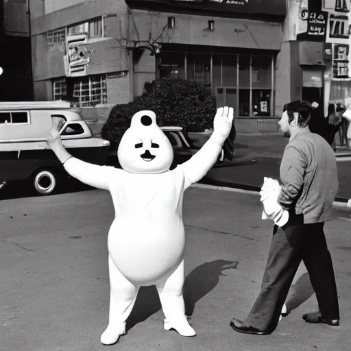 Prompt: Pillsbury doughboy 1960s street performers