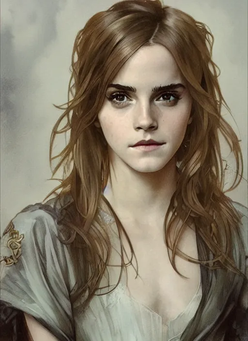 Image similar to emma watson looking into the camera with mischievous grin. beautiful detailed face. by artgerm and greg rutkowski and alphonse mucha