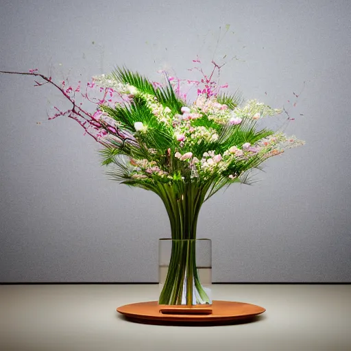 Image similar to a photo of 8k Ikebana in flower vase, ikenobo, ohararyu, sougetsu, wide angle, full body, sony a7r3, ultra detail, photorealistic, in simple background