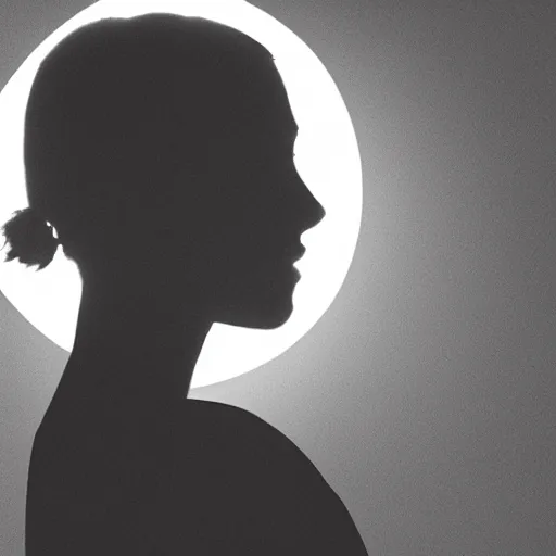 Image similar to elevated square that is frame centered with a circle matte inside, behind is a silhouette figure with a soft light barely hitting the top of her head and side of her cheek, volumetric lighting, relaxed subtle gaze into camera