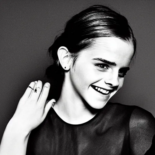 Image similar to A photo of laugh emma watson showing wedding ring on his finger. 50 mm. perfect ring. award winning photography