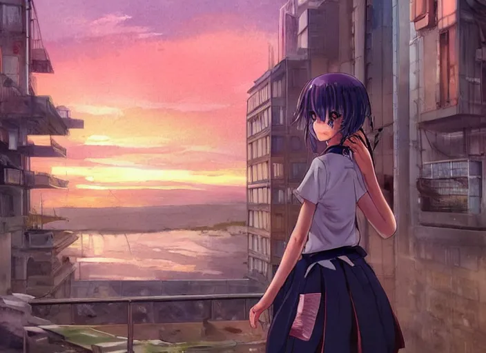 Image similar to anime girl in skirt looking out the window at megopolois and sunset, dynamic composition, motion, ultra-detailed, incredibly detailed, a lot of details, amazing fine details and brush strokes, colorful and grayish palette, smooth, HD semirealistic anime CG concept art digital painting, watercolor oil painting of Clean and detailed post-cyberpunk sci-fi close-up schoolgirl in asian city in style of cytus and deemo, blue flame, relaxing, calm and mysterious vibes,, by a Chinese artist at ArtStation, by Huang Guangjian, Fenghua Zhong, Ruan Jia, Xin Jin and Wei Chang. Realistic artwork of a Chinese videogame, gradients, gentle an harmonic grayish colors. set in half-life 2, Matrix, GITS, Blade Runner, Neotokyo Source, Syndicate(2012), dynamic composition, beautiful with eerie vibes, very inspirational, very stylish, with gradients, surrealistic, dystopia, postapocalyptic vibes, depth of field, mist, rich cinematic atmosphere, perfect digital art, mystical journey in strange world