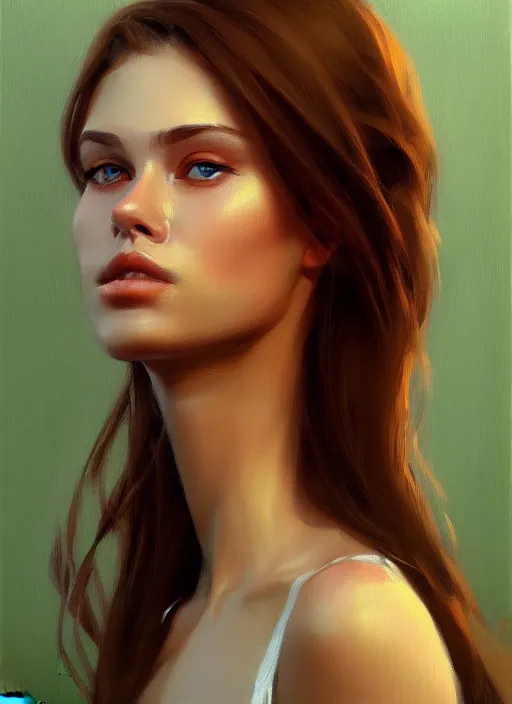 Image similar to portrait of a gorgeous young woman in the style of stefan kostic, green eyes, long brown hair, artstation, concept art