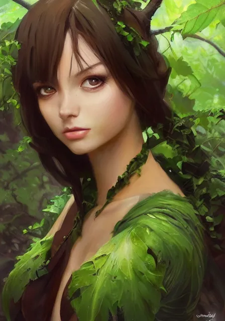 Image similar to greg manchess a realistic anime portrait of a beautiful dryad with glowing green eyes and tree bark skin wearing clothes made of leaves, digital painting, by stanley artgerm lau, sakimichan, wlop and rossdraws, digtial painting, trending on artstation