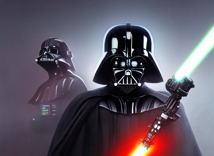 Image similar to a Photorealistic dramatic hyperrealistic render of darth vader with lightsaber drawn facing off against a calm cute corgi, futuristic star wars vibe, by WLOP and Artgerm and Greg Rutkowski and Alphonse Mucha, Beautiful dynamic dramatic dark moody lighting, shadows, cinematic atmosphere, Artstation, concept design art, Octane render, 8K, masterpiece, sharp focus