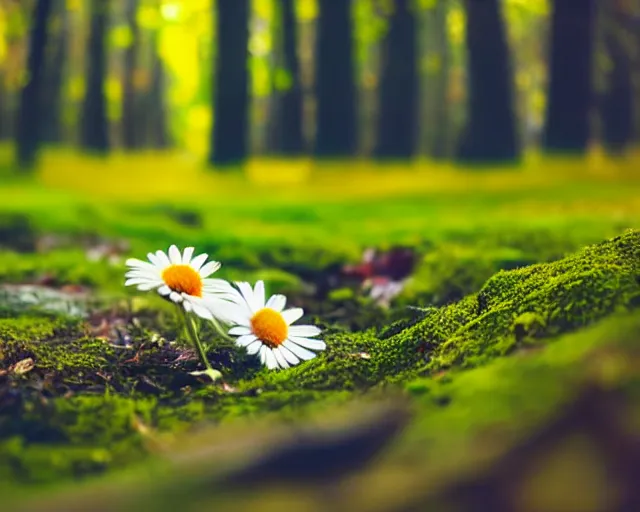 Image similar to dream a daisy in a forest, moss, autumn, warm colors, photography, depth of field