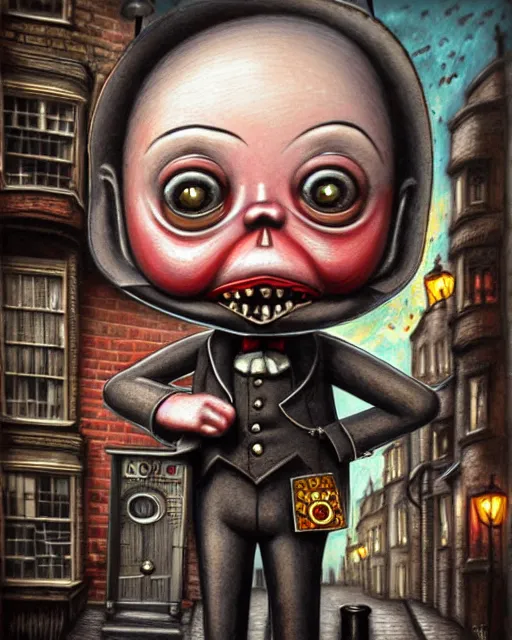 Prompt: highly detailed closeup, portrait of a tin toy jack the ripper in tin toy victorian london streets, hyper realistic, artstation, illustration, nicoletta ceccoli, mark ryden, lostfish, dan decarlo, bob clampett, max fleischer, digital paint, matte paint, vivid colors, detailed and intricate environment