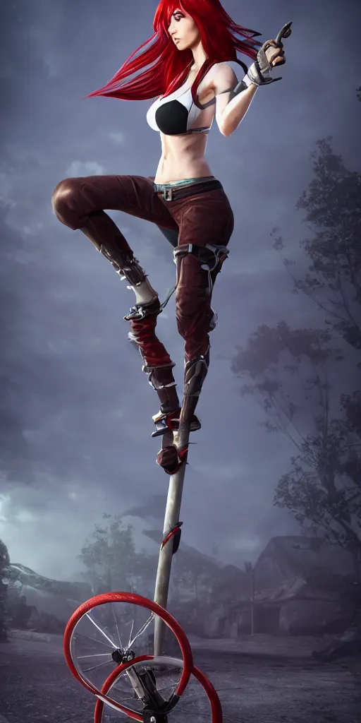 Image similar to Katarina from League of Legends on a unicycle, photorealistic full body, studio lighting, unreal engine 5, hyperrealistic, dynamic lighting, white ambient background, realistic, highly detailed