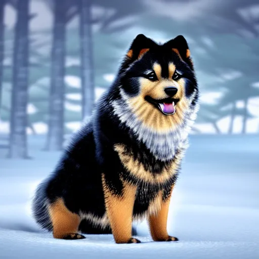 Image similar to happy finnish lapphund dog, black brown white fur, snow, trees, stream of water, pixar, disney, 4 k, animation