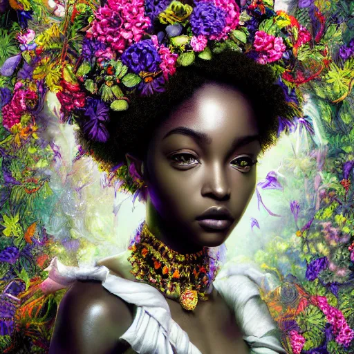 Prompt: the portrait of the absurdly beautiful, graceful, elegant, gorgeous, sensual young black girl goddess made of petals, an ultrafine hyperdetailed photograph by kim jung gi, irakli nadar, intricate linework, bright colors, octopath traveler, final fantasy, unreal engine 5 highly rendered, global illumination, radiant light, intricate environment