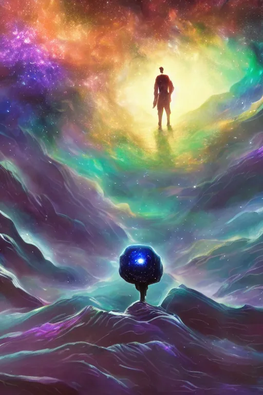 Prompt: galaxy bender experiencing the quantum field, elevated consciousness, beautiful astrological neural network, bob ross matte painting and tim burton comic book art, realistic, trending on artstation, sharp focus, depth of field, cinematic composition, physics splashes of colors