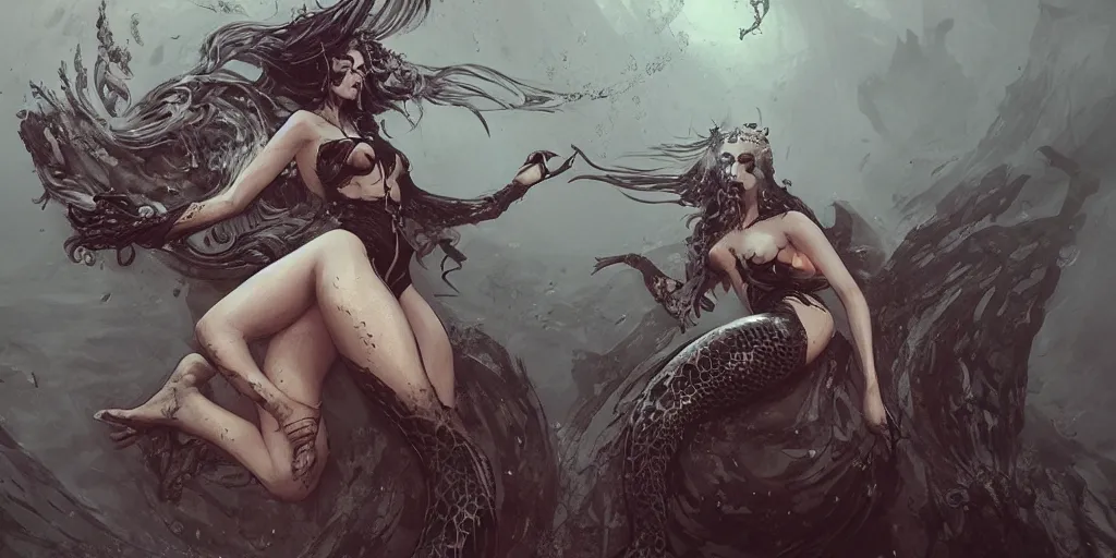 Image similar to gothic mermaid designs, Greg Rutkowski, kim jung gi, Darek Zabrocki, Karlkka, Jayison Devadas, Phuoc Quan, trending on Artstation, 8K, ultra wide angle, pincushion lens effect