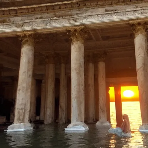 Prompt: A woman wrapped in billowing veils in the sea, under two gilded Roman columns made of human bones, sunset, super photo-realistic
