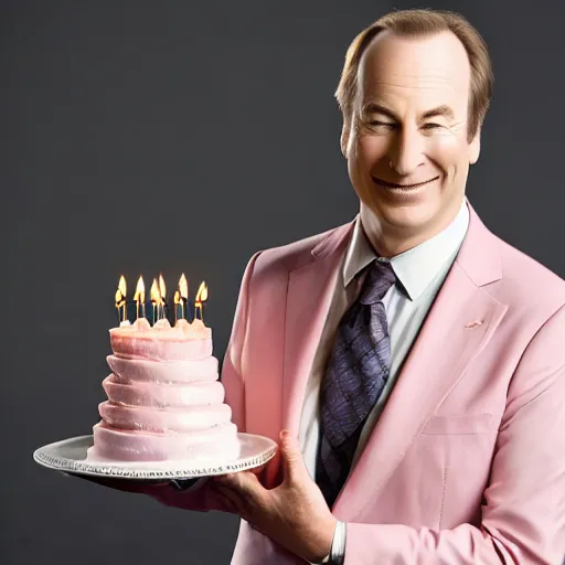 Prompt: bob odenkirk, grinning, wearing a light - pink suit, holding a chocolate birthday cake, numbered candles thirty - seven, studio photograph, cinematic lighting