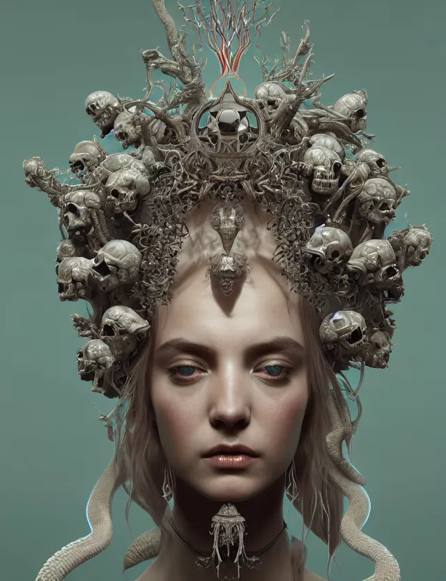 Prompt: symmetrical, centered, zbrush sculpt of goddess close-up portrait wigh crown made of skulls. phoenix betta fish, phoenix, bioluminiscent creature, super intricate ornaments artwork by Tooth Wu and wlop and beeple and greg rutkowski