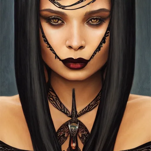 Image similar to zoe kravitz as morticia addams, masterpiece, intricate, elegant, highly detailed, digital painting, artstation, concept art, smooth, sharp focus, illustration, art by artgerm and greg rutkowski and alphonse mucha and uang guangjian and gil elvgren and sachin teng, symmetry!!