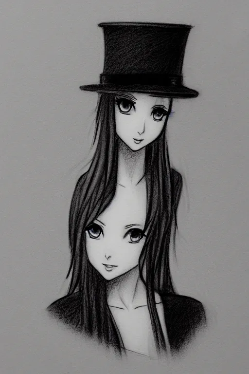Image similar to highly detailed, beautiful teenage girl in a tall black top hat, pencil sketch, gray scale, anime style