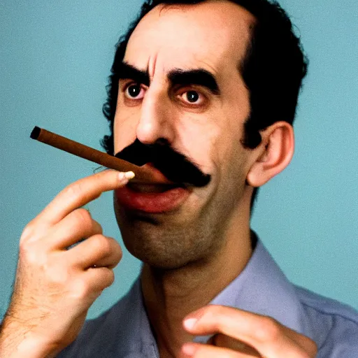 Prompt: A portrait of borat sagdiyev smoking a rolled marijuana joint, 8k, professional photography