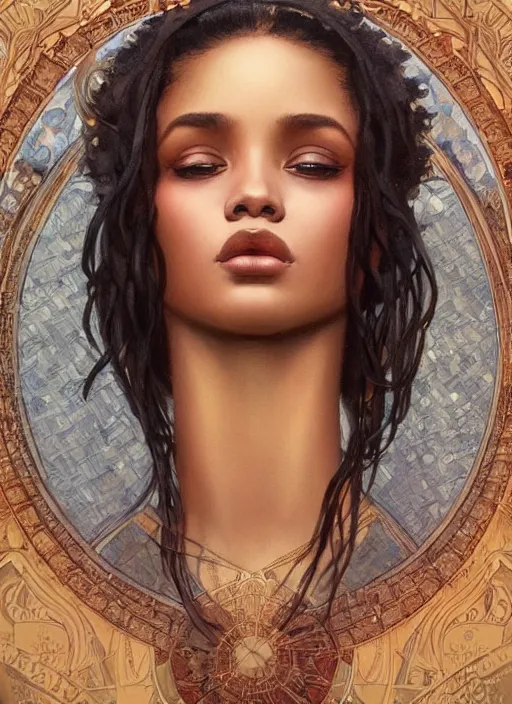 Image similar to portrait of a stunningly beautiful young black woman, highly detailed, 3 5 mm photo, artstation, concept art, sharp focus, 2 8 mm macro photo, art by artgerm and greg rutkowski and alphonse mucha, incredibly beautiful and symmetrical face, incredibly detailed, award winning art, royal