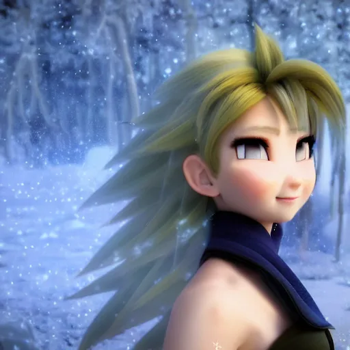 Image similar to portrait focus of super saiyan beautiful 3 d anime girl posing, frozen ice dark forest background, snowing, bokeh, inspired by masami kurumada, octane render, volumetric lighting