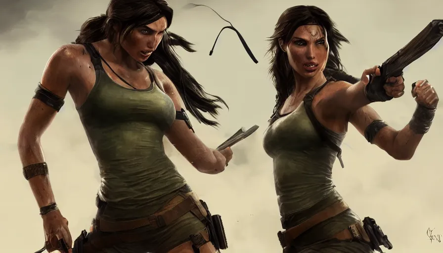 Prompt: Digital painting of Gal Gadot as Lara Croft in Tomb Raider, hyperdetailed, artstation, cgsociety, 8k