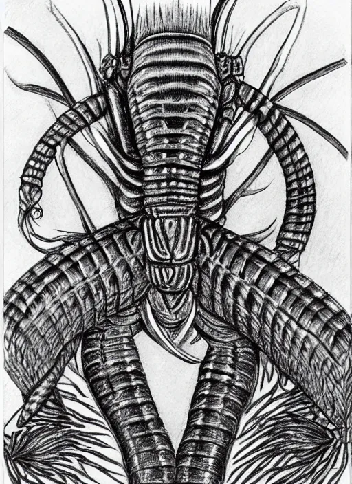 Image similar to line art pencil drawing of a scolopendra that turns into a woman, art by shinichi sakamoto and kentaro miura