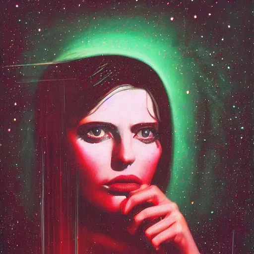 Image similar to beautiful sad female portrait looking down, red and green palette, night lights, starry sky, by ( h. r. giger ) and paul lehr